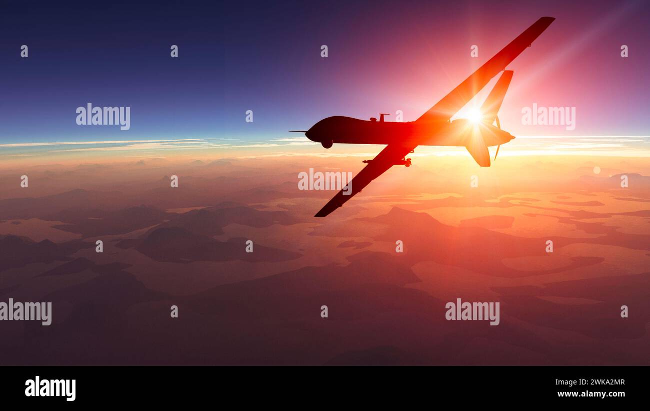 Vista di terra, operazioni belliche, fantascienza, visione notturna con sfumature blu. Obiettivo militare. Drone che vola sopra un'area. Operazione militare. Operatività sotto copertura Foto Stock