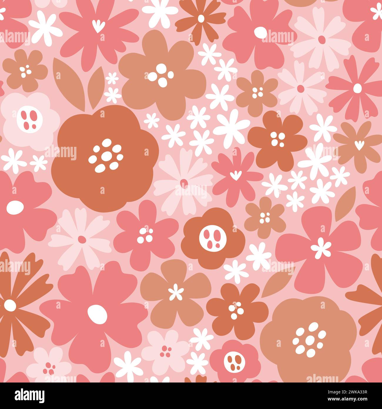 Motivo floreale scandinavo senza cuciture con romantiche tonalità rosa. Fiori isolati su sfondo rosa. Simpatica illustrazione vettoriale. Illustrazione Vettoriale