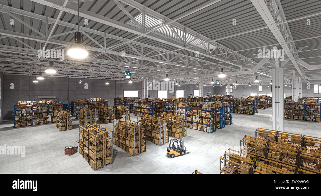 grande magazzino con molti scaffali e merci da spedire. factory concept and shipping.rendering 3d. Foto Stock