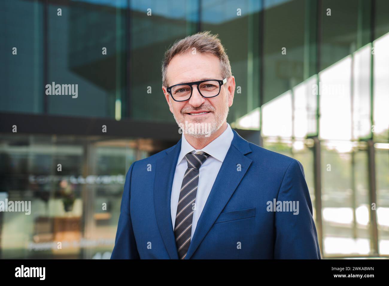 Ritratto individuale di un bell'uomo d'affari che sorride e guarda la fotocamera che indossa una tuta blu formale sul posto di lavoro. Un vero e proprio uomo esecutivo o ceo di successo che guarda in prima linea. uomo d'affari degli anni '50. Foto di alta qualità Foto Stock