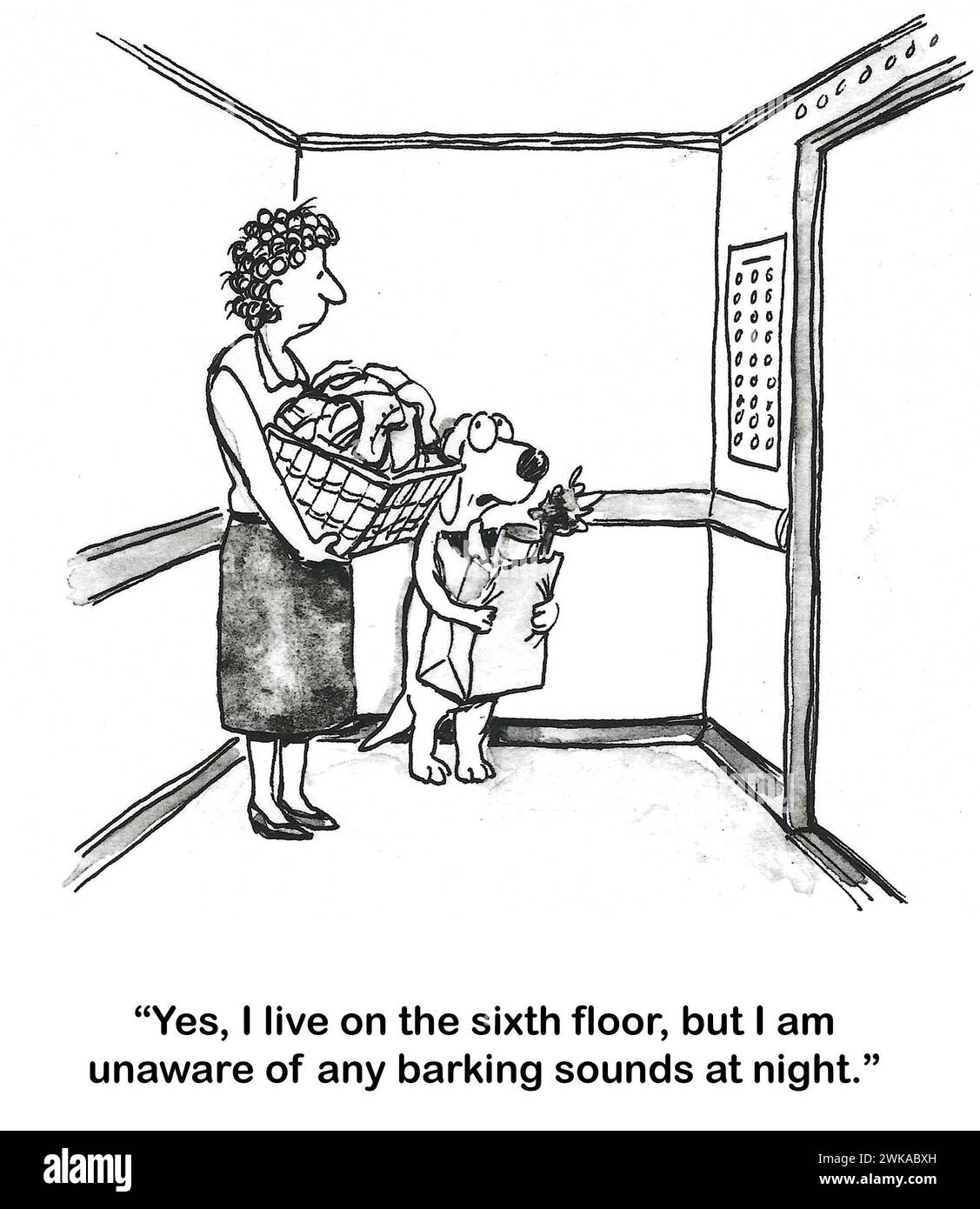 Un cartoni animati BW con un cane e una vicina di casa nell'ascensore. Dog osserva che no, non sente i suoni di abbaiare di notte. Foto Stock