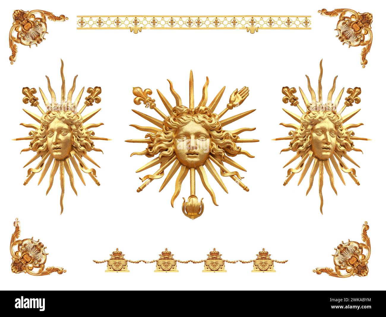 Il sole dorato isolava il dettaglio della recinzione dorata del Palazzo di Versailles. Francia Foto Stock