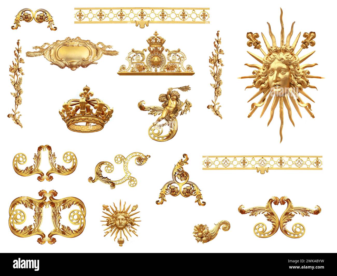 Dettagli dorati isolati della recinzione del Palazzo di Versailles. Francia Foto Stock