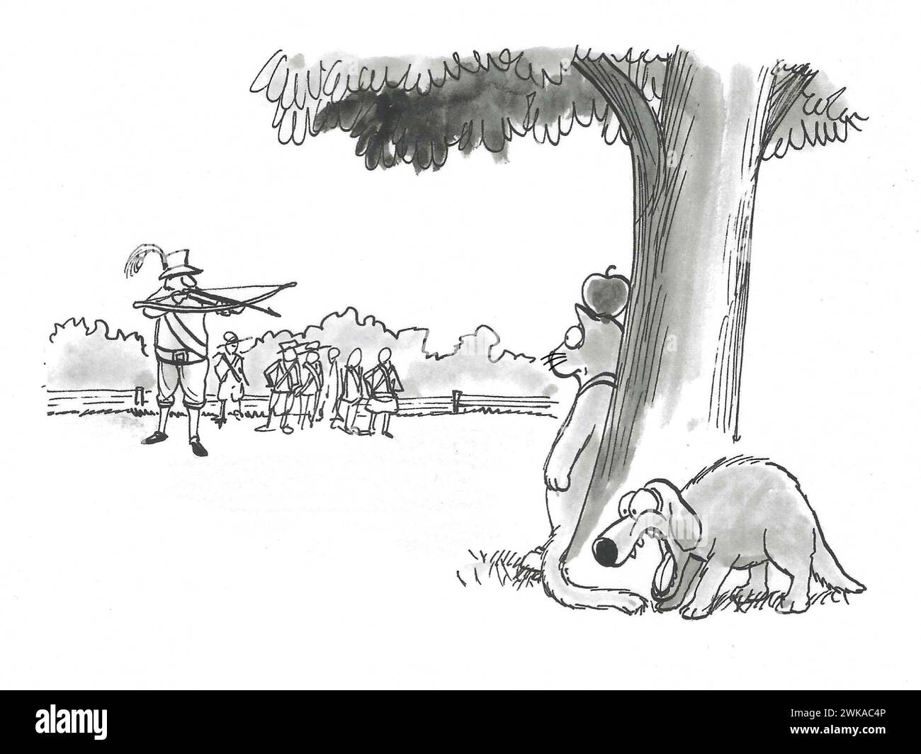 Fumetto BW di un gatto con una mela bilanciata sulla testa. Un arciere si sta preparando a lanciare la mela, mentre allo stesso tempo, un cane sta mordendo il Foto Stock