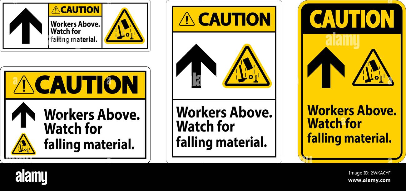 Cartello di attenzione, lavoratori sopra la caduta di materiale Illustrazione Vettoriale