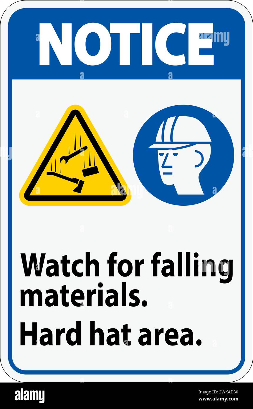 Cartello segnaletico, attenzione alla caduta di materiali, area con elmetto Illustrazione Vettoriale