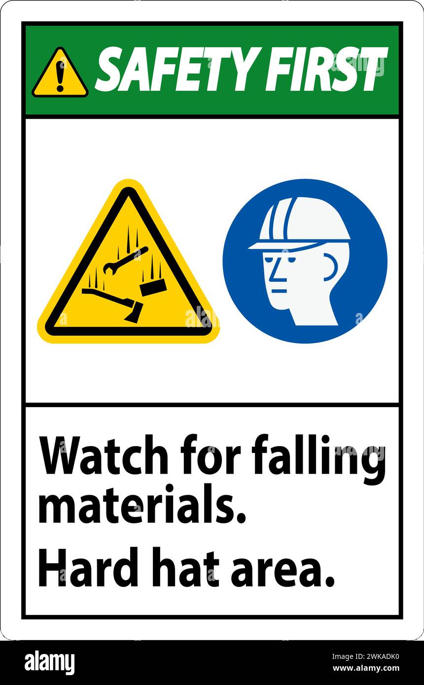 Cartello di sicurezza, attenzione alla caduta di materiali, area con elmetto Illustrazione Vettoriale