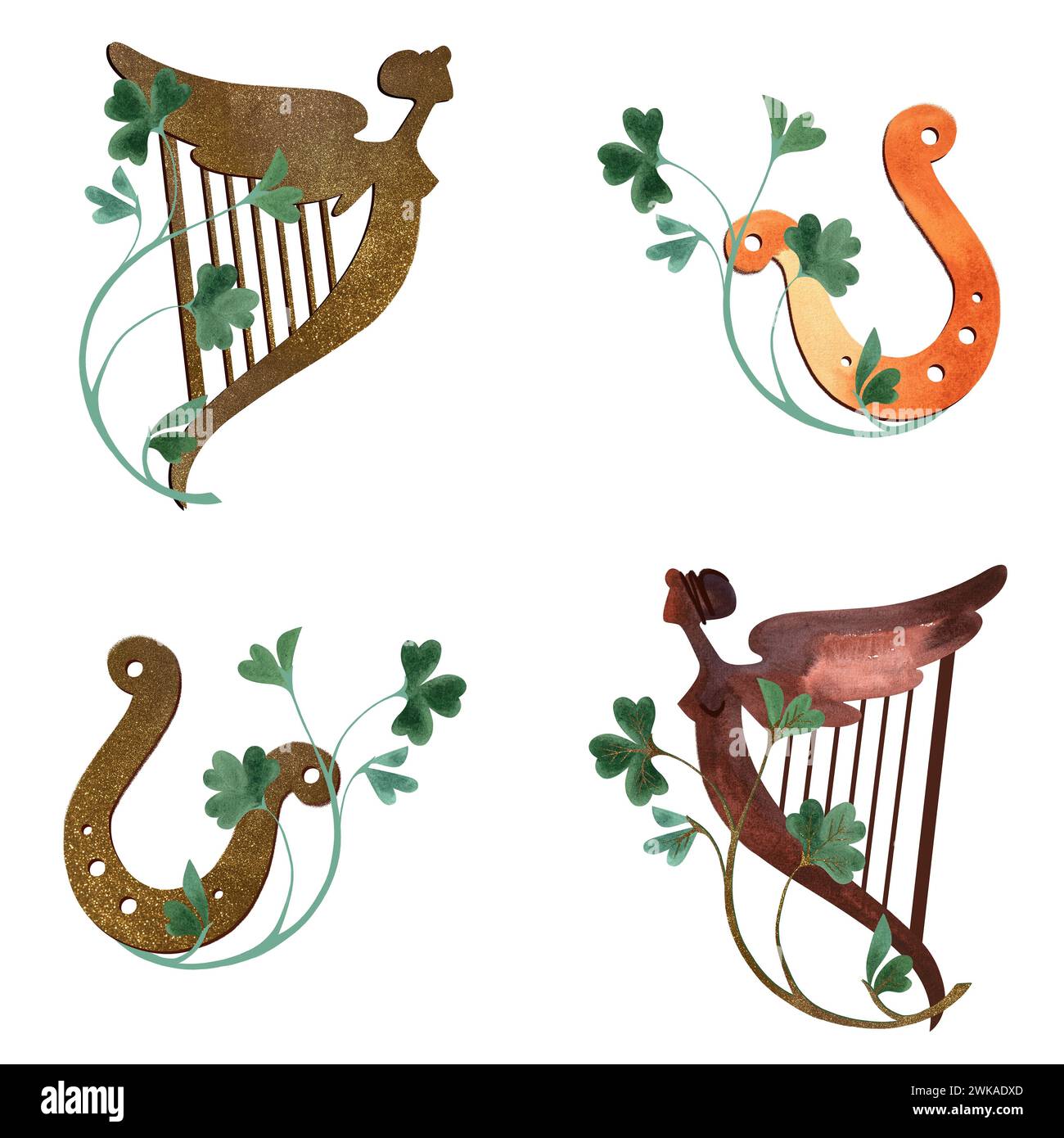 Serie di illustrazioni per St Giorno di Patrick. Composizioni per cartoline e decorazioni per le feste irlandesi. Illustrazione isolata ad acquerello su bianco Foto Stock