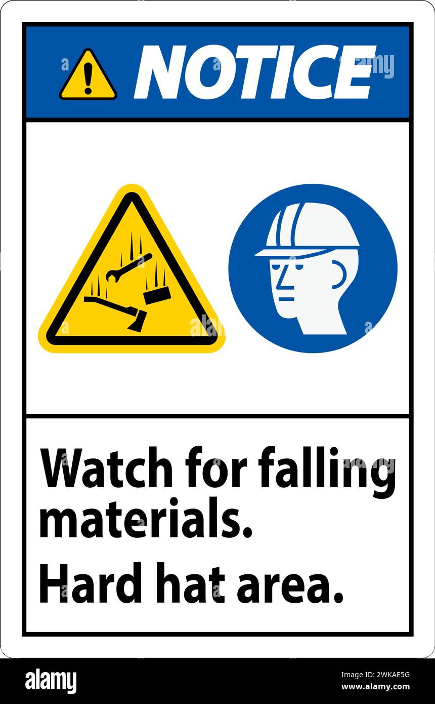 Cartello segnaletico, attenzione alla caduta di materiali, area con elmetto Illustrazione Vettoriale