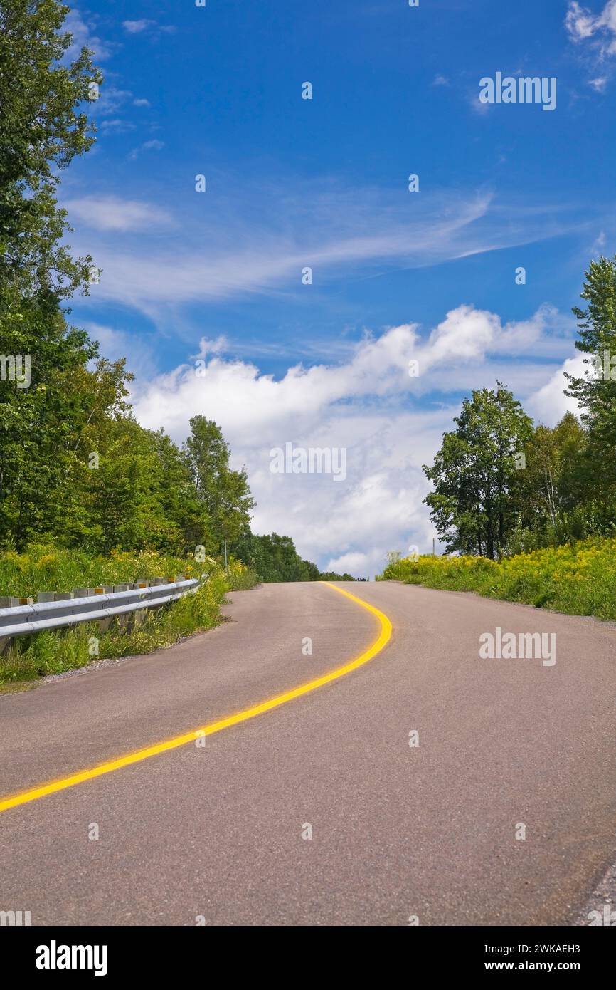 Strada di campagna tortuosa in estate con linea di demarcazione gialla continua che indica una zona di divieto di passaggio. Foto Stock