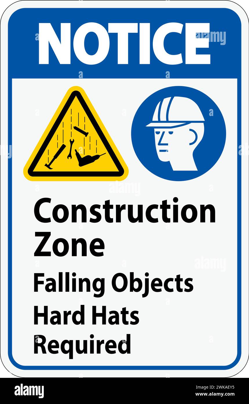 Cartello segnaletico, zona di costruzione, sono richiesti Hard Hats in caduta di oggetti Illustrazione Vettoriale