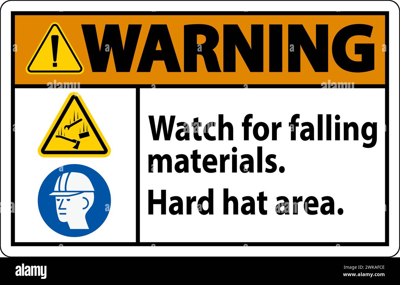 Cartello di avvertimento, attenzione alla caduta di materiali, area con elmetto Illustrazione Vettoriale