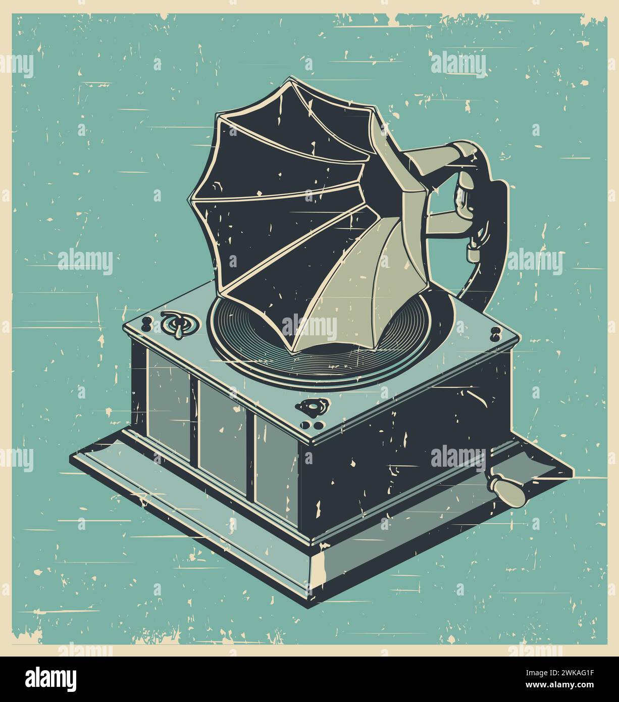 Illustrazione vettoriale stilizzata di un vecchio grammofono vintage in stile poster retrò Illustrazione Vettoriale