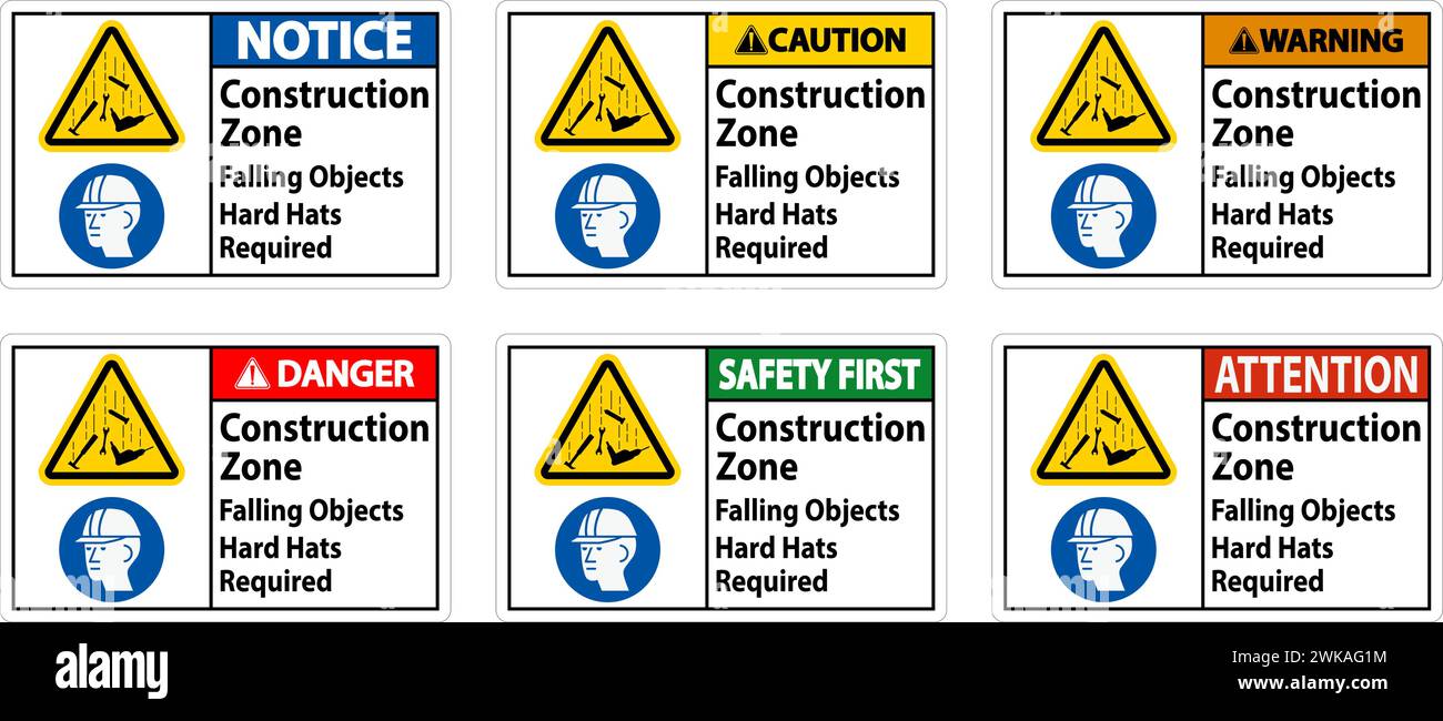 Segnale di pericolo, zona di costruzione, sono richiesti elmetti rigidi in caduta di oggetti Illustrazione Vettoriale