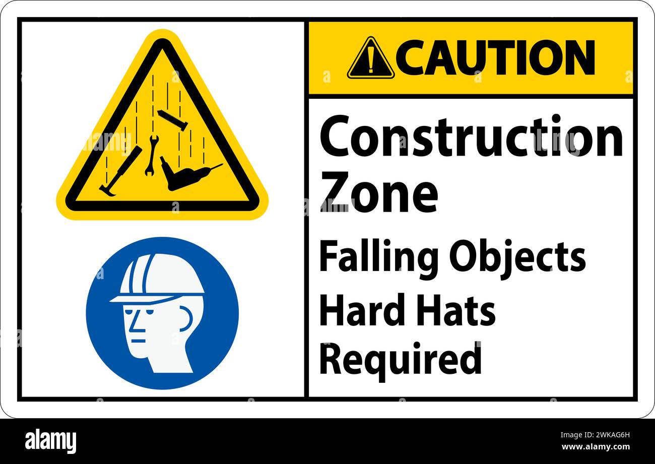 Cartello di attenzione, zona di costruzione, sono richiesti elmetti rigidi in caduta di oggetti Illustrazione Vettoriale