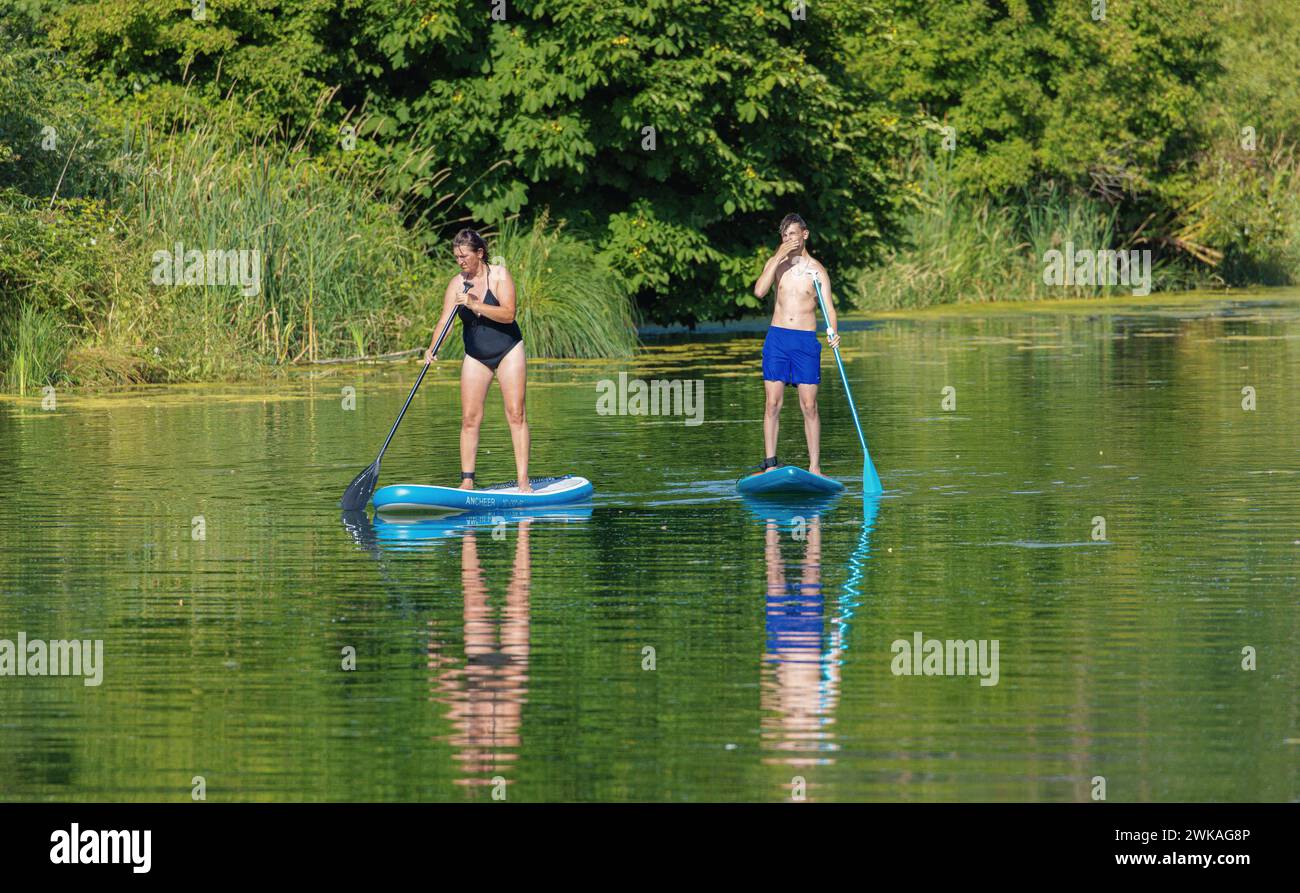 Zwei Personen vergnügen sich mit ihrem Stand Up Paddle auf dem Rhein. (Rheinau, Schweiz, 09.07.2023) Foto Stock