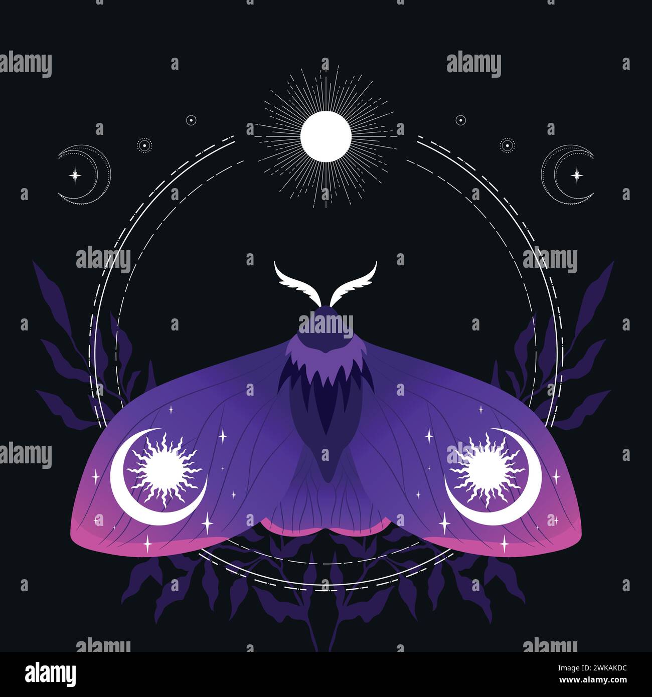 Sfondo celeste con falena viola, sole e luna crescente. Illustrazione vettoriale Illustrazione Vettoriale
