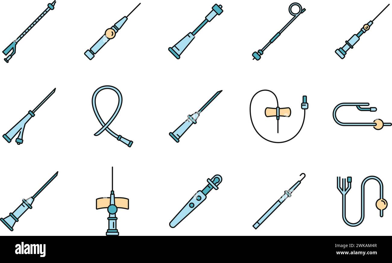 Set icone cateteri medicali. Contorno delle icone vettoriali del catetere medicale linea sottile di colore piatto su bianco Illustrazione Vettoriale