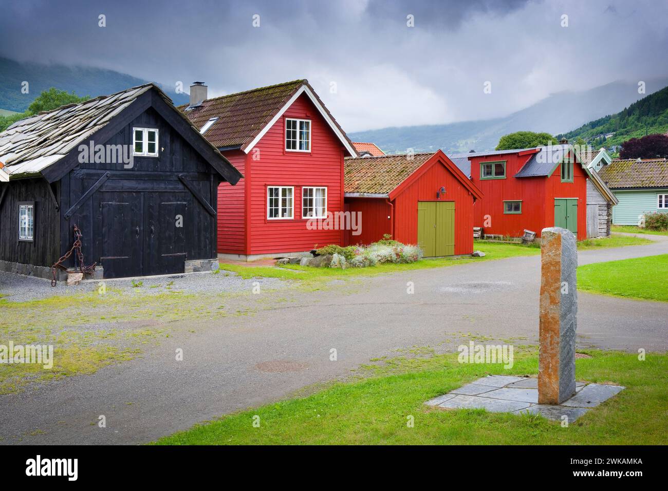 Vista delle boathouses a Vik, Norvegia Foto Stock