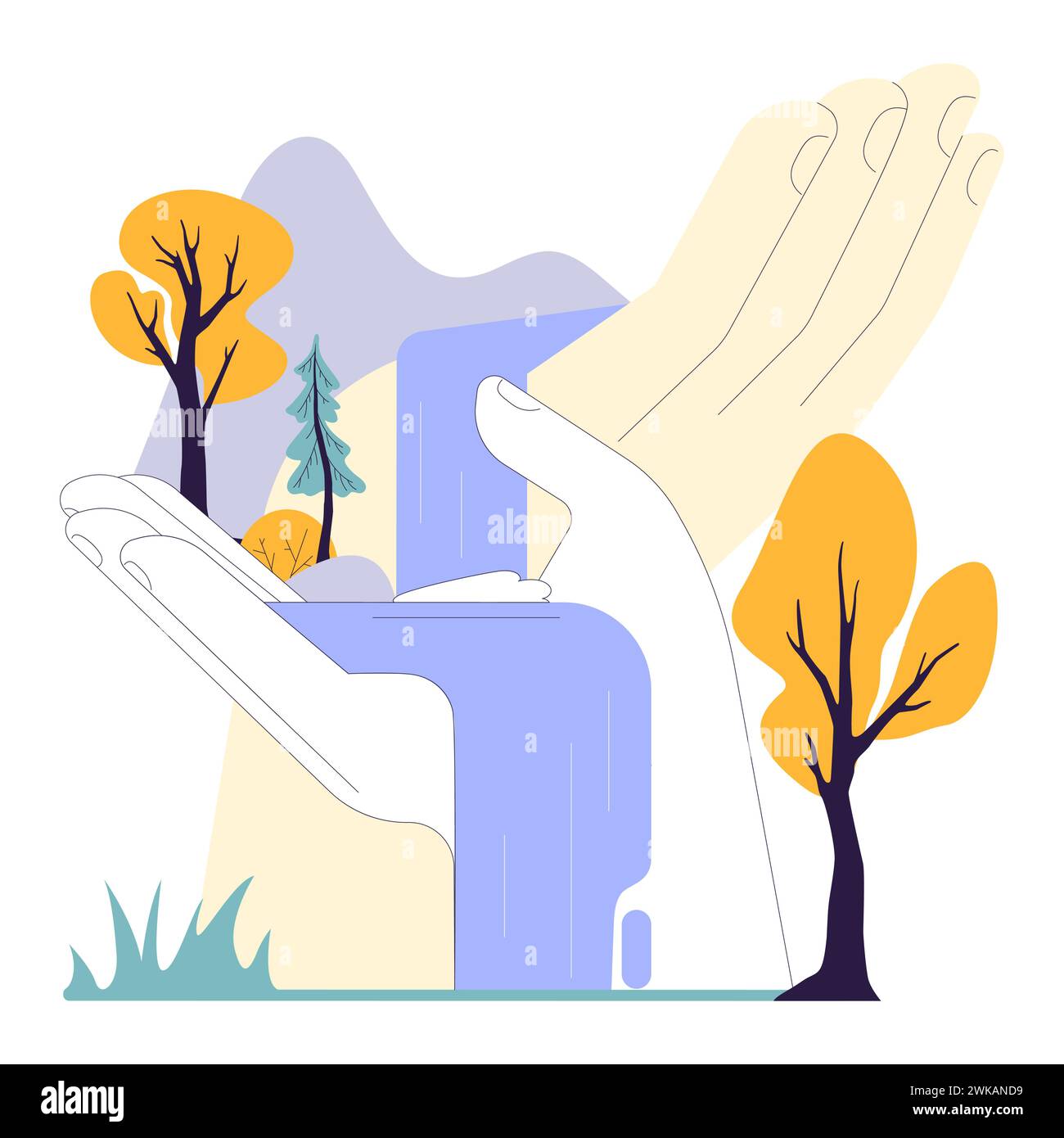 Equità sociale. Uguale accesso all'acqua pulita. Attivismo ambientale e coinvolgimento della comunità per un futuro migliore. Mani con una cascata. Protezione della natura. Illustrazione vettoriale piatta Illustrazione Vettoriale