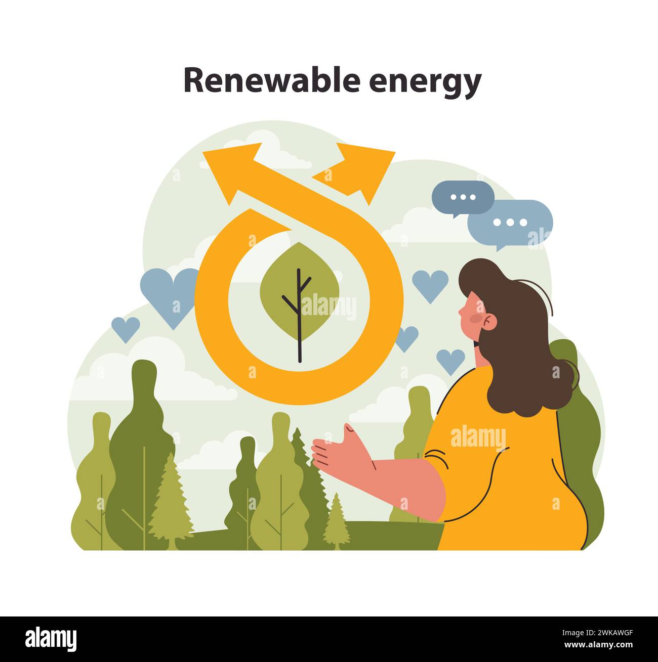 Concetto di energia rinnovabile. Donna che ama la natura, con simbolo circolare di potere sostenibile che circonda un giovane albero. Armonia, protezione dell'ambiente. Illustrazione vettoriale piatta Illustrazione Vettoriale