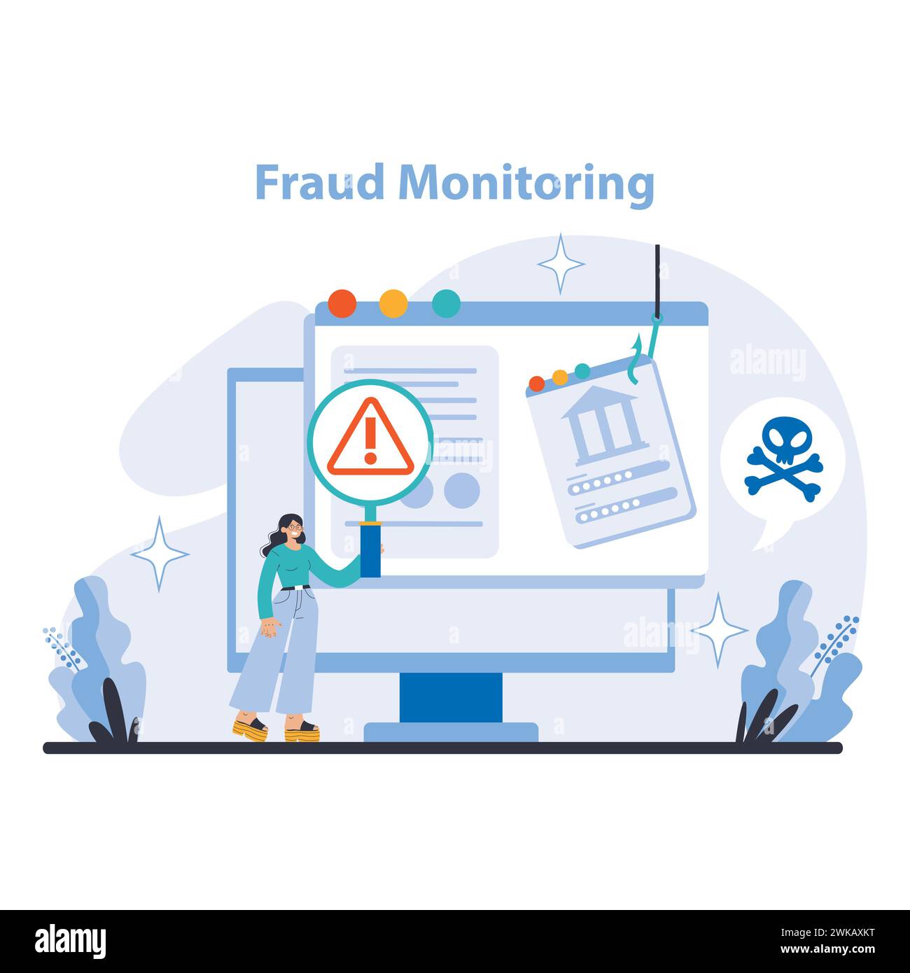 Concetto di monitoraggio delle frodi. Protezione avanzata contro la criminalità finanziaria con sorveglianza delle frodi in tempo reale. Mantenere i conti sicuri e affidabili. Illustrazione vettoriale piatta. Illustrazione Vettoriale