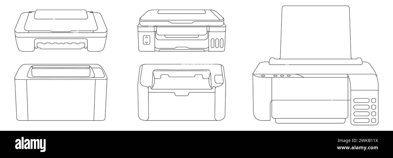 Set vettoriale stampante. Stampante multifunzione per apparecchiature elettroniche per ufficio. Stampante laser per la stampa di testo. Una serie di icone delle apparecchiature con cui lavorare Illustrazione Vettoriale