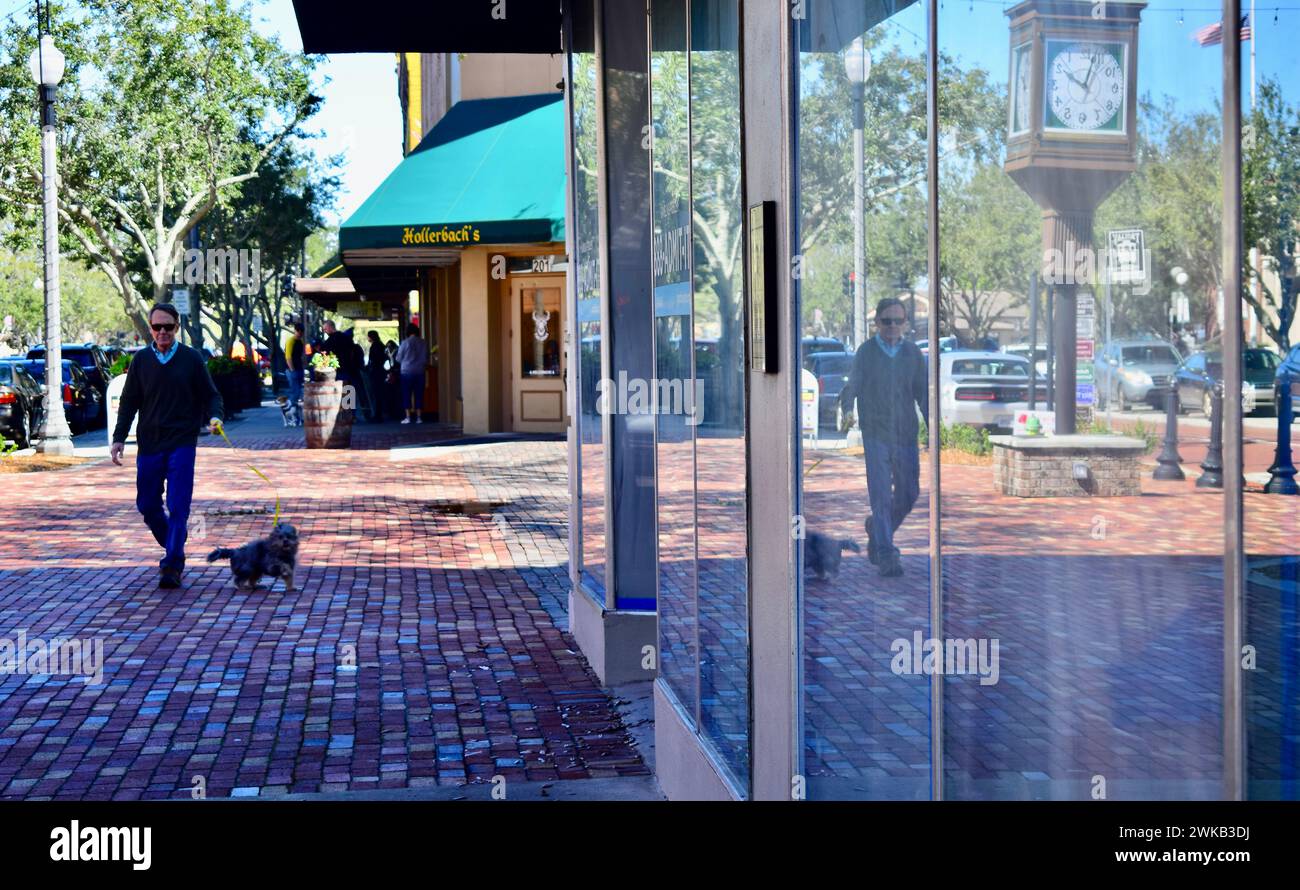 Riflesso nella vetrina di un uomo che cammina cane e riflesso mostra l'orologio della città nel centro della città, anche la bandiera americana visibile. Foto Stock