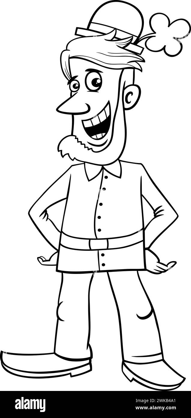 Illustrazione in bianco e nero del personaggio fantasy Leprechaun sulla pagina da colorare del giorno di San Patrizio Illustrazione Vettoriale