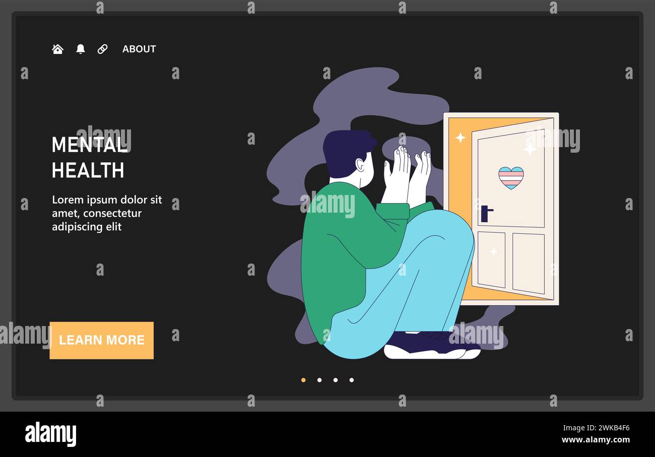 Web o landing per la transizione di genere. Il vero sé nel viaggio dell'uscita, la persona transgender ha migliorato la salute mentale. Disforia di genere, nuova accettazione e responsabilizzazione dell'identità. Illustrazione vettoriale piatta Illustrazione Vettoriale