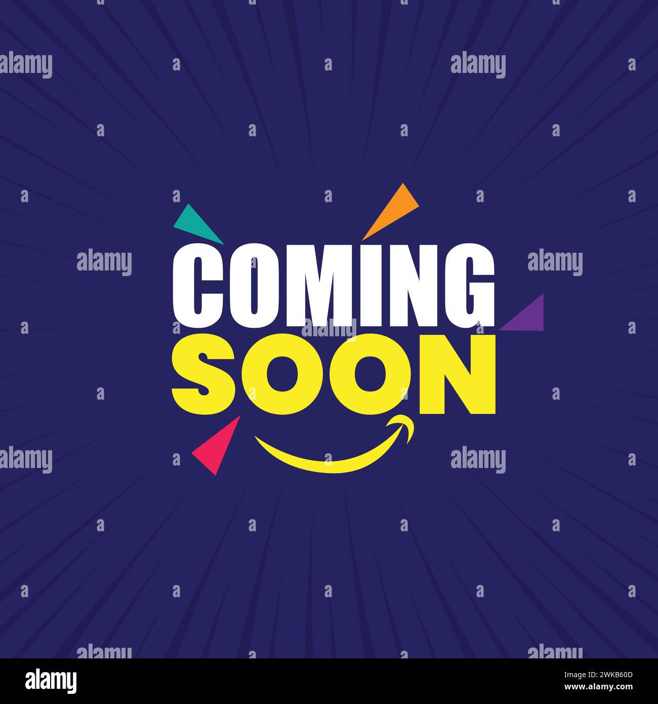 Prossimamente, il design del modello per banner con elementi da festa colorati e il cartello Happy Face. Design del poster in arrivo su sfondo blu per la promozione Illustrazione Vettoriale