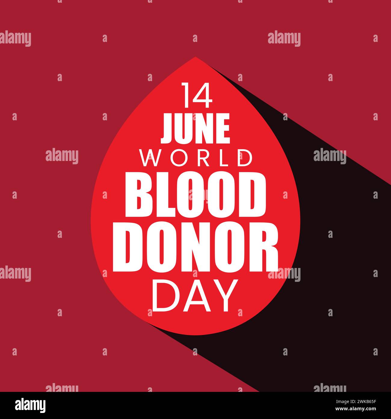 14 giugno Design del modello di scrittura vettoriale World Blood Donor Day su sfondo di colore rosso. Logo del donatore di sangue sull'icona del sangue con una lunga ombra. Illustrazione Vettoriale