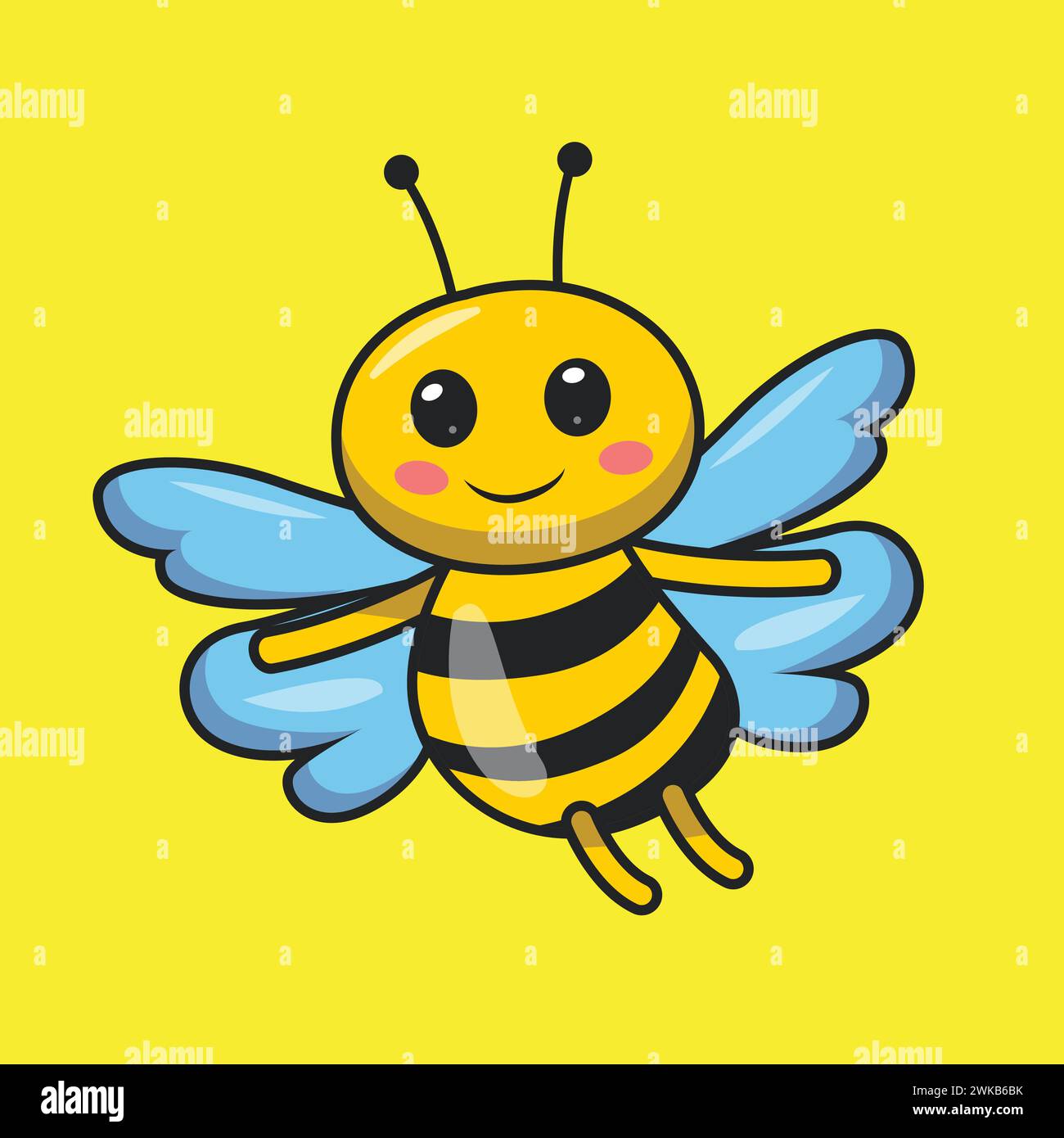 Illustrazione cartoni animati Happy Flying Bee. Graziosa arte vettoriale a forma di ape piatta. Adesivo per maglietta, icona, rete, elemento. Adorabile maschera sorridente per la fauna selvatica Illustrazione Vettoriale