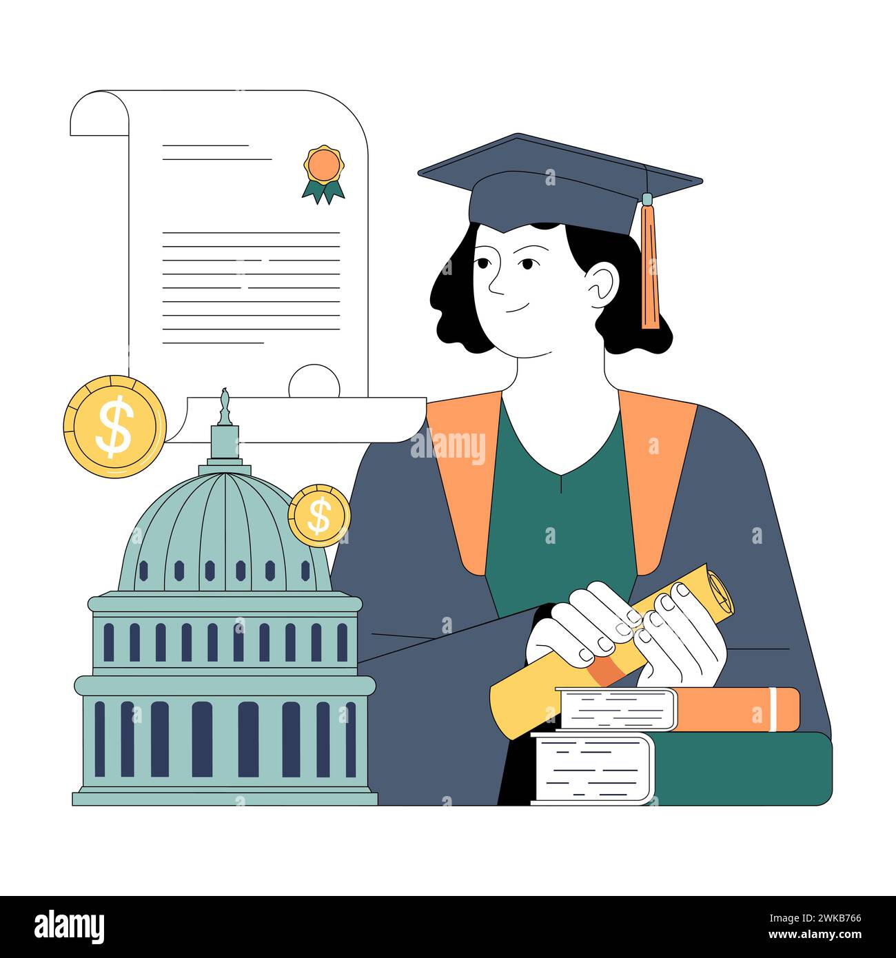 Sussidi statali. Il settore dell'istruzione riceve sostegno finanziario. Laureato con diploma e cap. Programma di borse di studio accademiche. Strategia di bilancio del governo. Illustrazione vettoriale piatta. Illustrazione Vettoriale