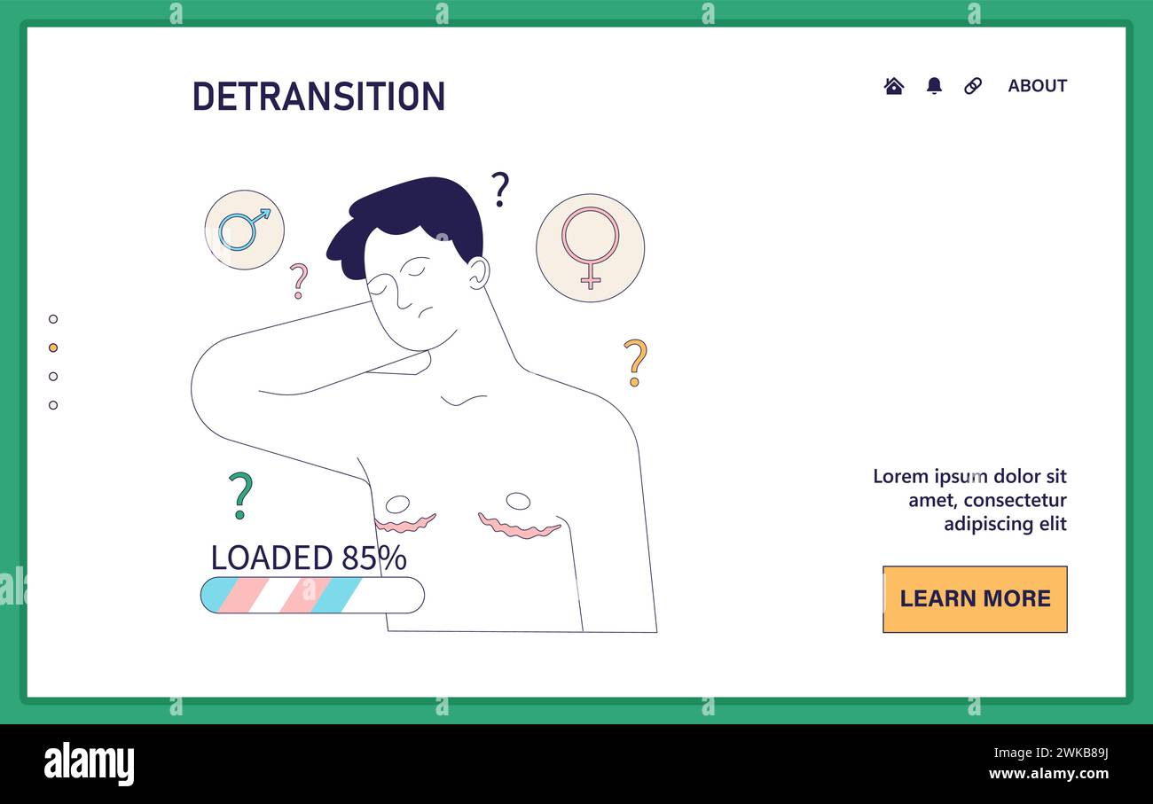 Web o landing per la contemplazione della transizione di genere. Carattere che mette in discussione la propria identità di genere. Conflitti interni e dubbi, esperienza di detransizione. Illustrazione vettoriale piatta. Illustrazione Vettoriale