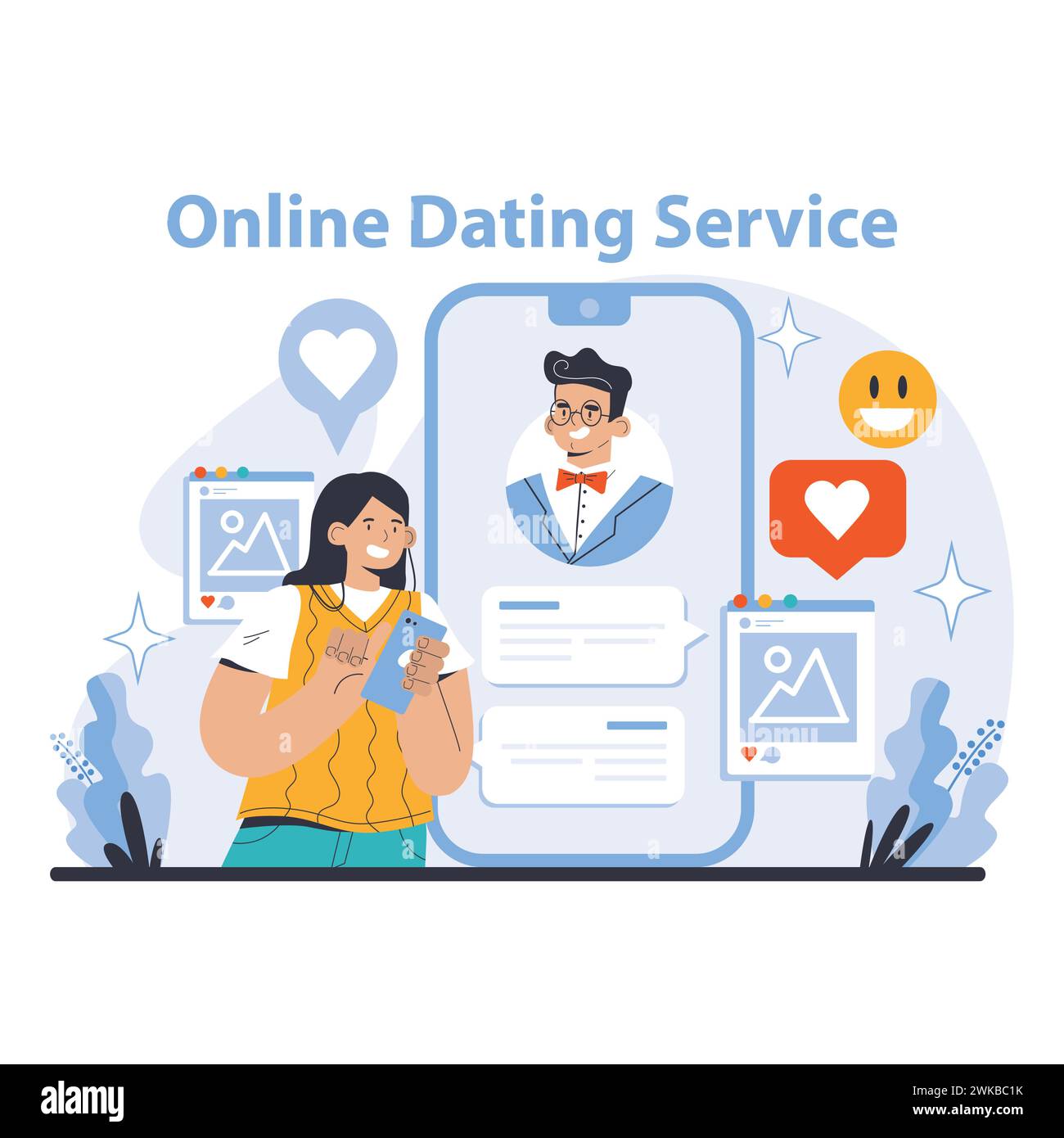 Servizio di incontri online. Incontri virtuali e connessioni romantiche. Esplorare le relazioni nell'era digitale. Illustrazione vettoriale piatta. Illustrazione Vettoriale