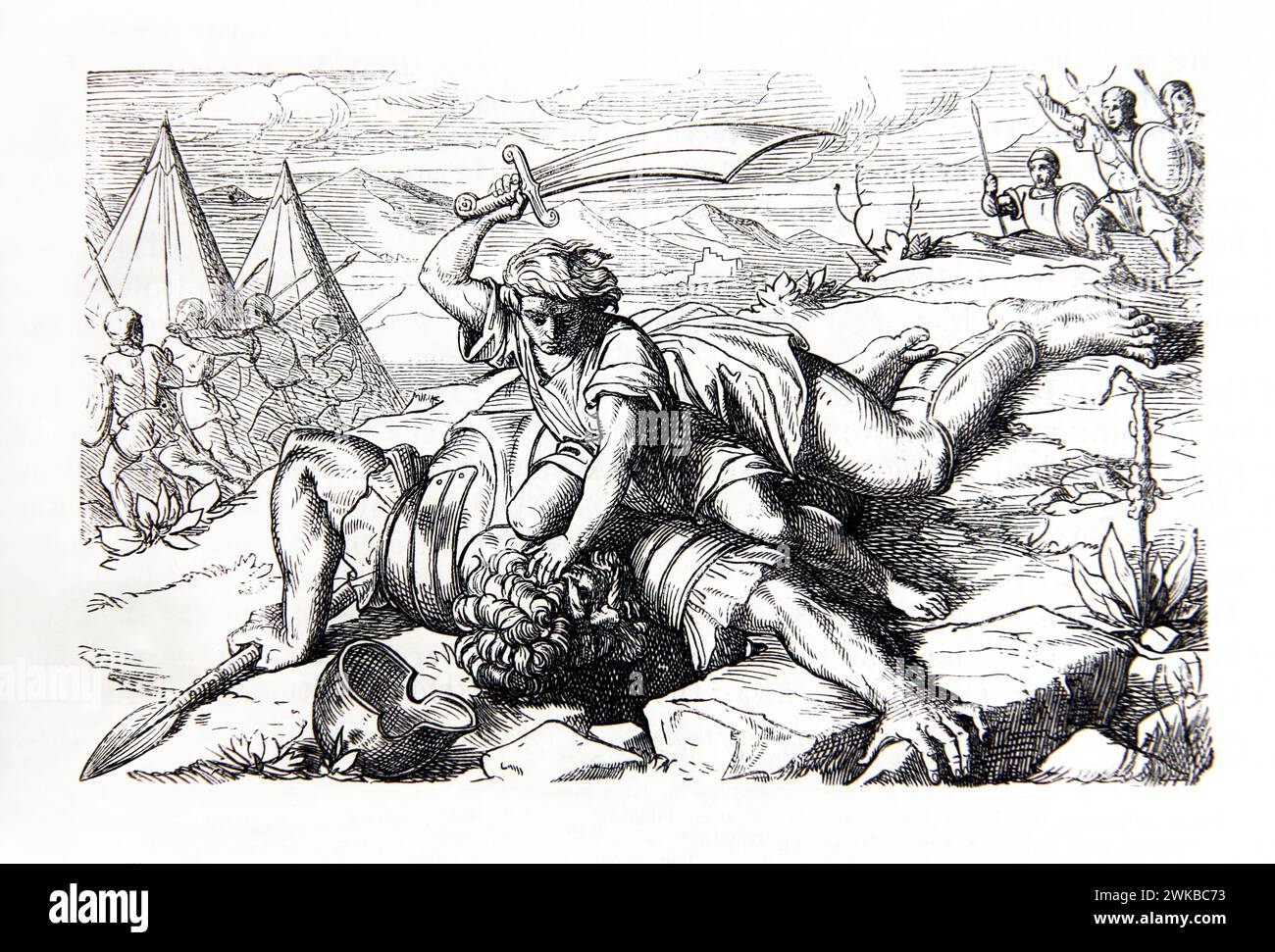 Illustrazione di Davide che posa il Golia Gigante dopo averlo colpito con una pietra uccidendo Golia, poi taglia la sua testa con una spada dopo i Filis Foto Stock