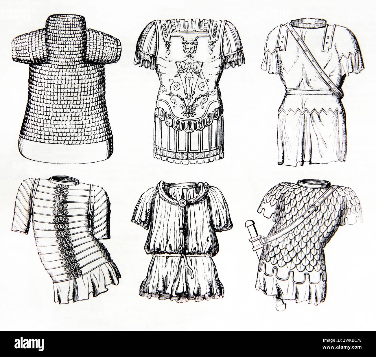 Illustrazione di antichi Cuirassi egiziani, frigi, daci, romani, Un comune saldatore, ufficiale e uniforme imperiale dell'Antica Illu del XIX secolo Foto Stock