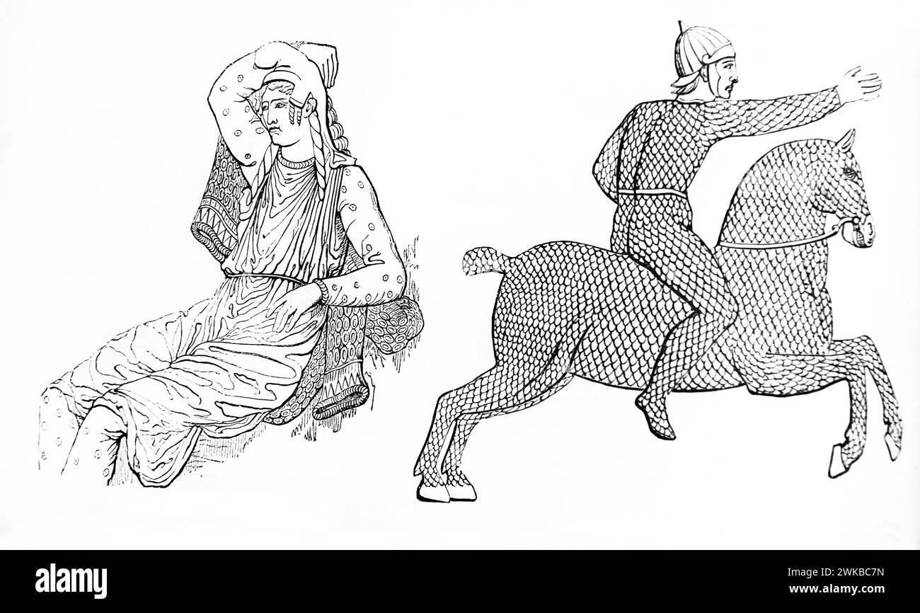 Illustrazione di un'armatura diversa indossata dai soldati in passato: Soldato persiano con posta inanellata a sinistra e soldato dacico a cavallo con M scalata Foto Stock