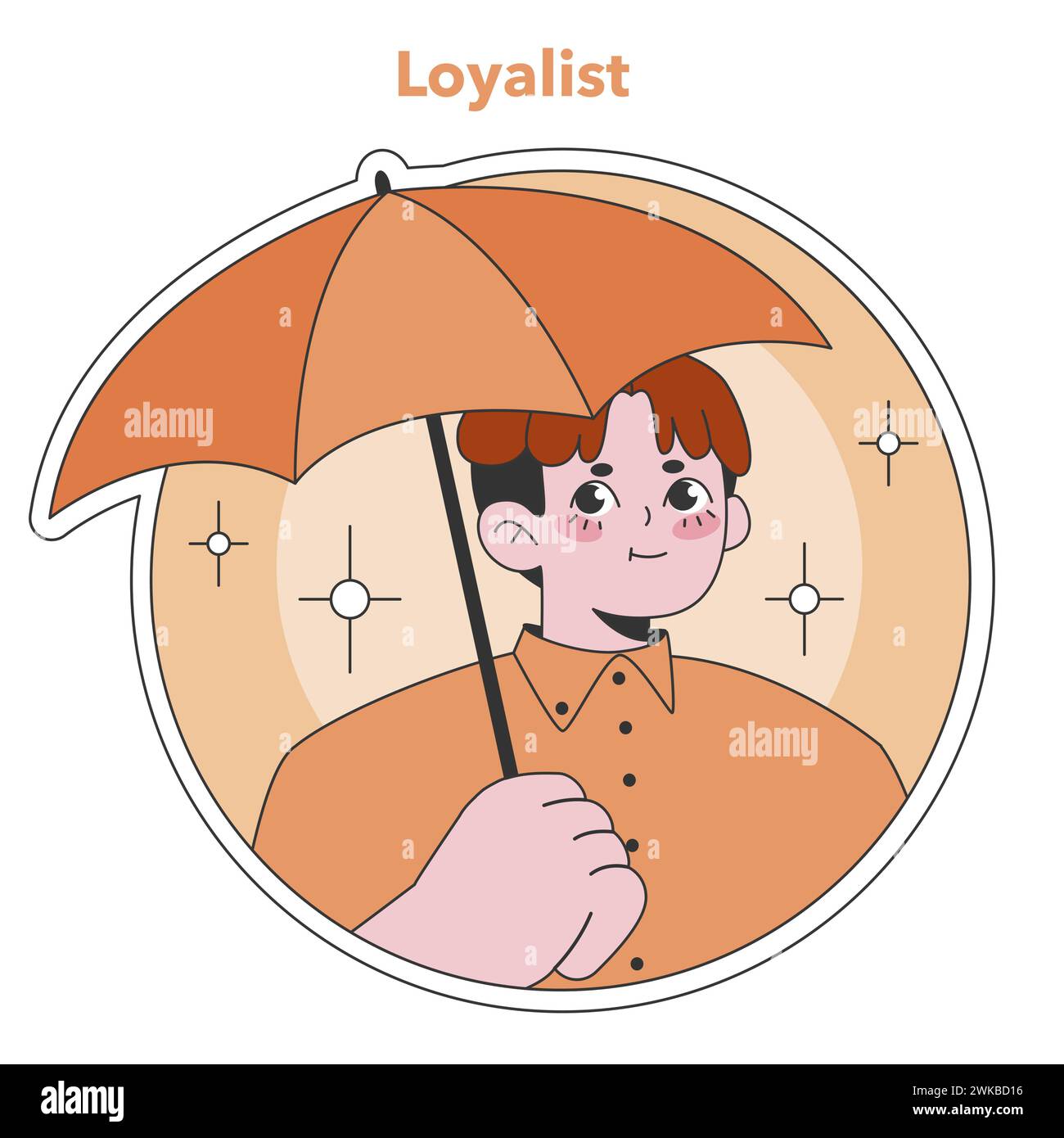 Illustrazione di tipo Enneagram Loyalist. Un personaggio affidabile e impegnato che tiene in mano un ombrello, simboleggiando il supporto e la sicurezza. Ideale per i concetti di creazione di fiducia. Illustrazione vettoriale piatta Illustrazione Vettoriale