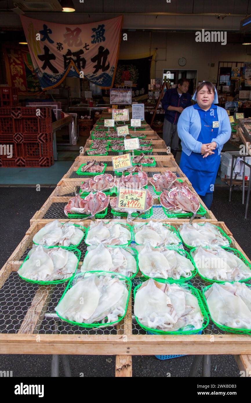 Sgombro di cavallo secco e Squid in vendita in un negozio di pesce a Numaza, Prefettura di Shizuoka, Giappone. Foto Stock