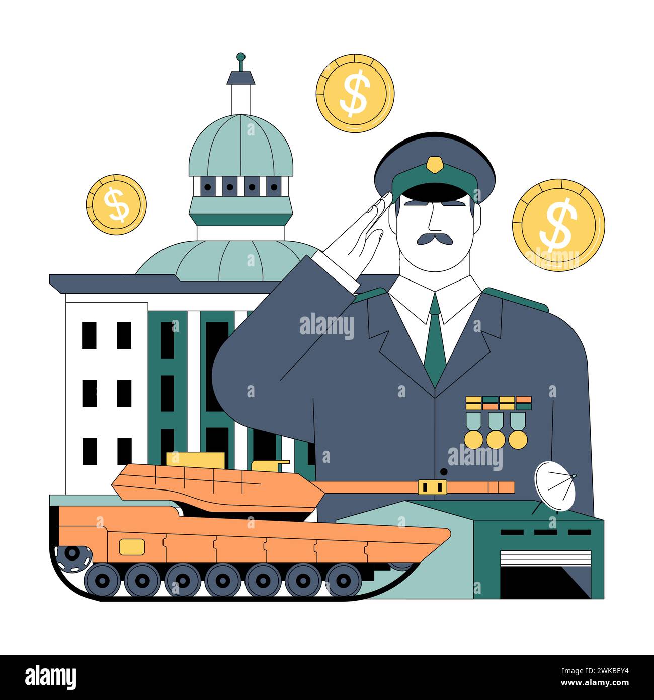 Sussidi statali. Il settore militare riceve sostegno finanziario. Investimenti strategici in difesa. Strategia di bilancio del governo. Illustrazione vettoriale piatta. Illustrazione Vettoriale
