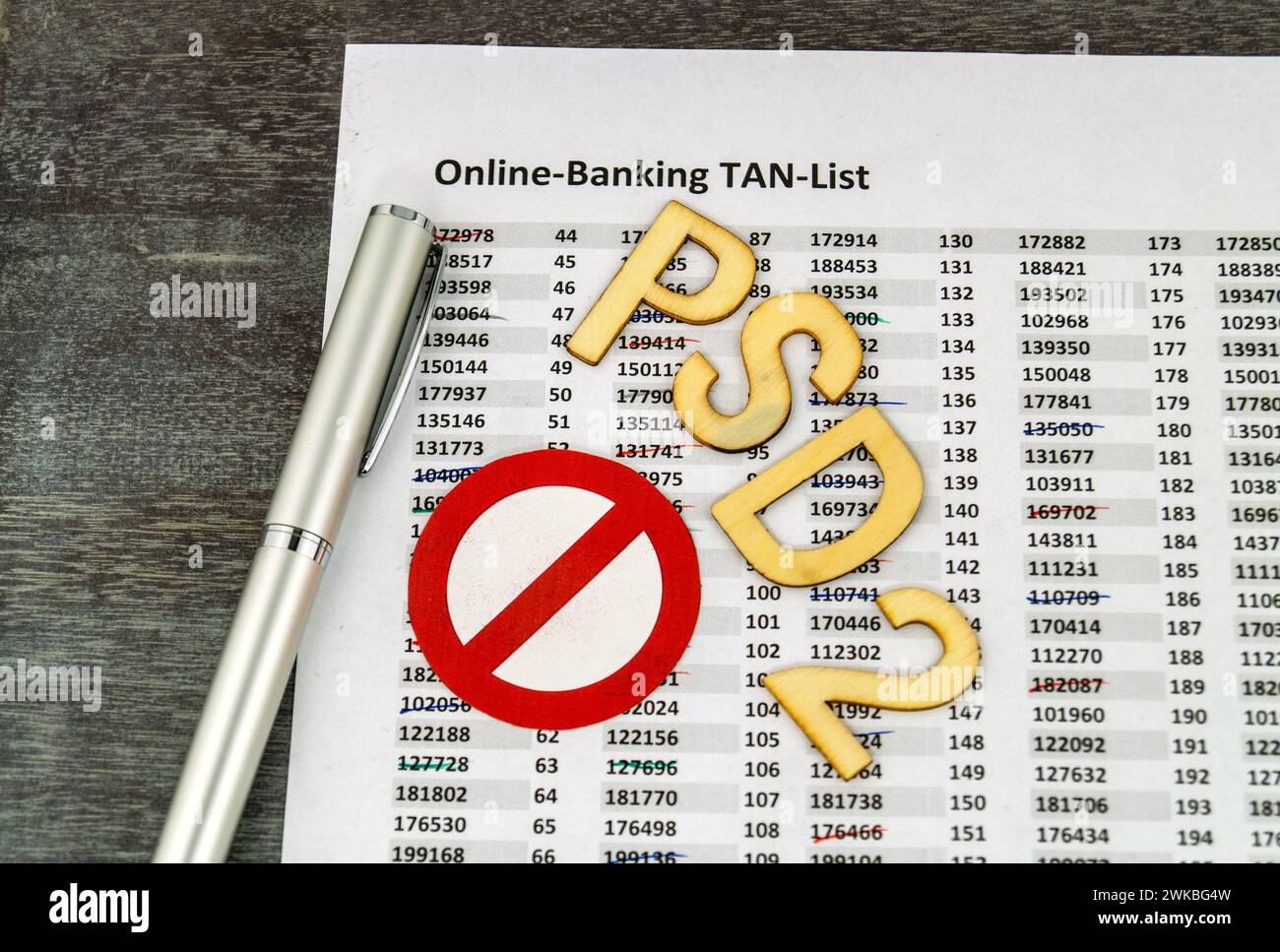 Scritta "PSD2", penna stilografica e cartello di divieto con elenco TAN per l'online banking Foto Stock