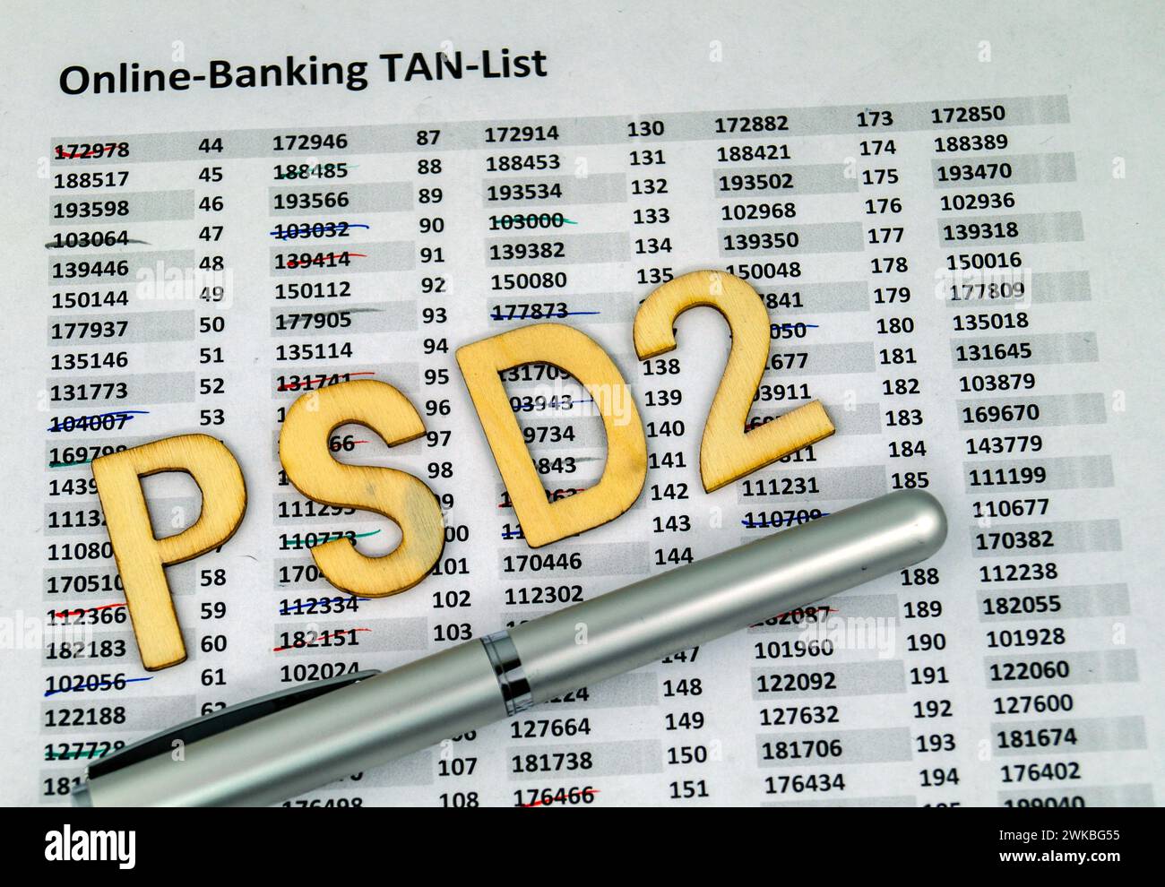 Scritta "PSD2" e penna stilografica con elenco TAN per l'online banking Foto Stock