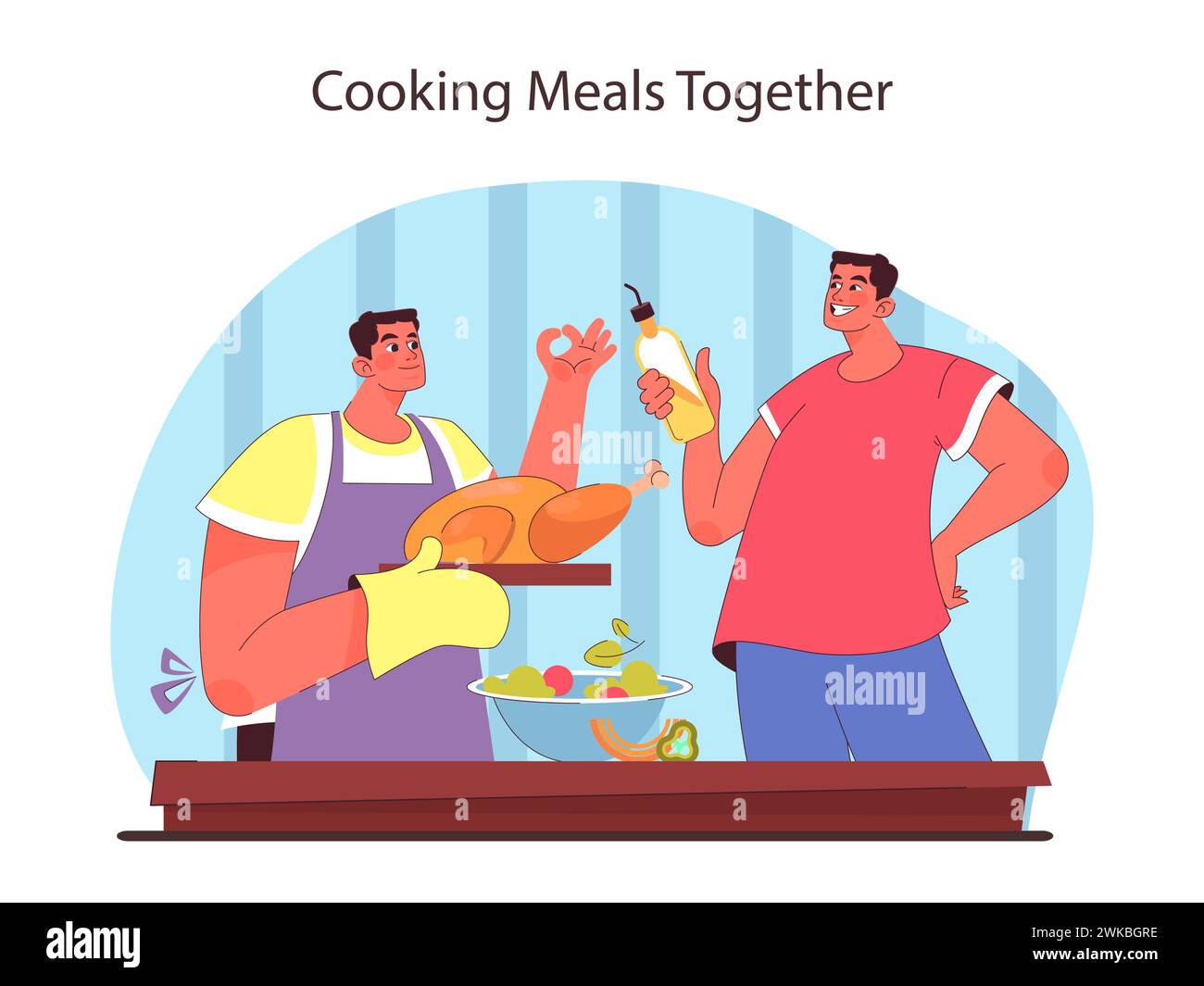 Concetto di preparazione dei pasti. I compagni condividono le loro abilità culinarie nella cucina casalinga. Piacere in cucina, mangiare sano. Illustrazione vettoriale piatta. Illustrazione Vettoriale