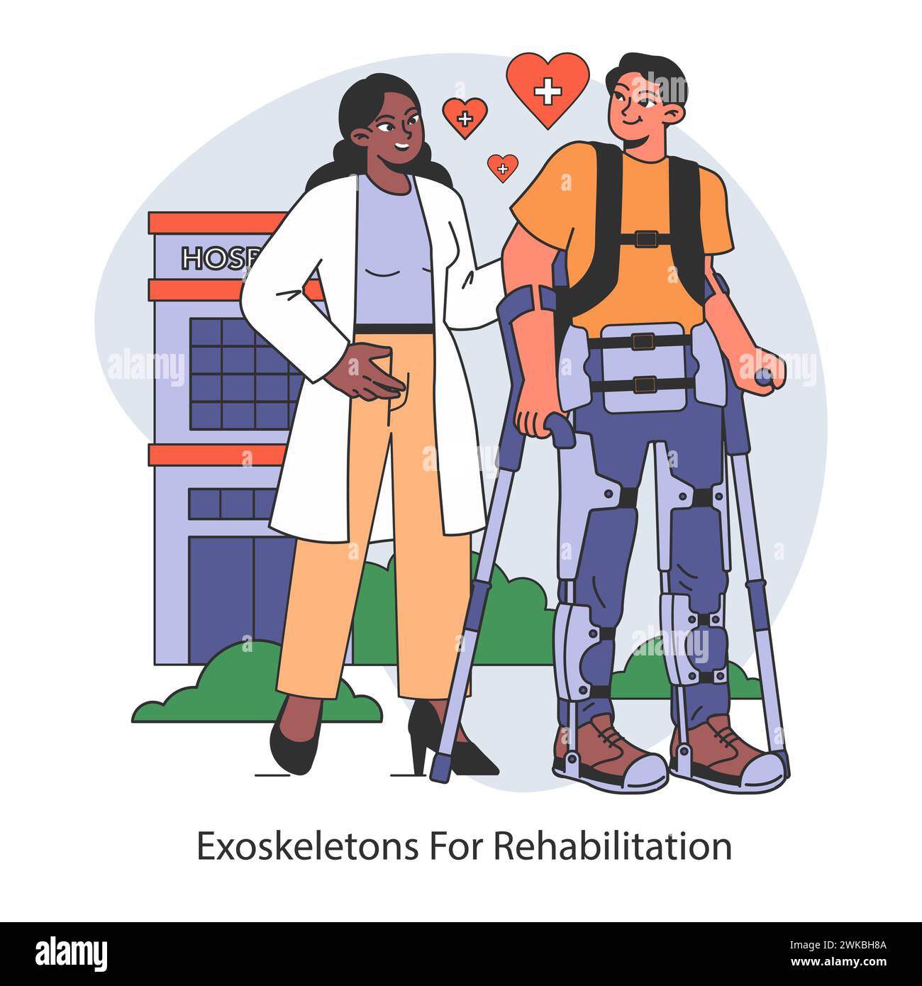 Concetto di innovazione nel campo della riabilitazione. Esoscheletri che favoriscono la mobilità e il recupero, migliorando l'assistenza ai pazienti in ambito clinico. Illustrazione vettoriale piatta. Illustrazione Vettoriale
