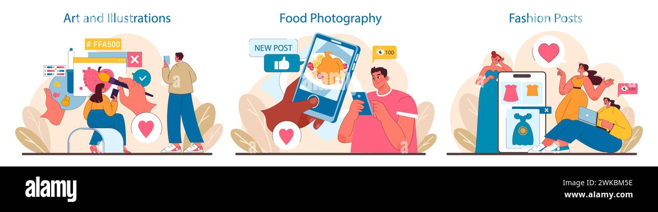 Set di contenuti per social media. Creatività visiva e tendenze online. Vetrina di arte, fotografia culinaria e fashion blogging. Condivisione digitale e scambio di ispirazione. Illustrazione vettoriale piatta. Illustrazione Vettoriale