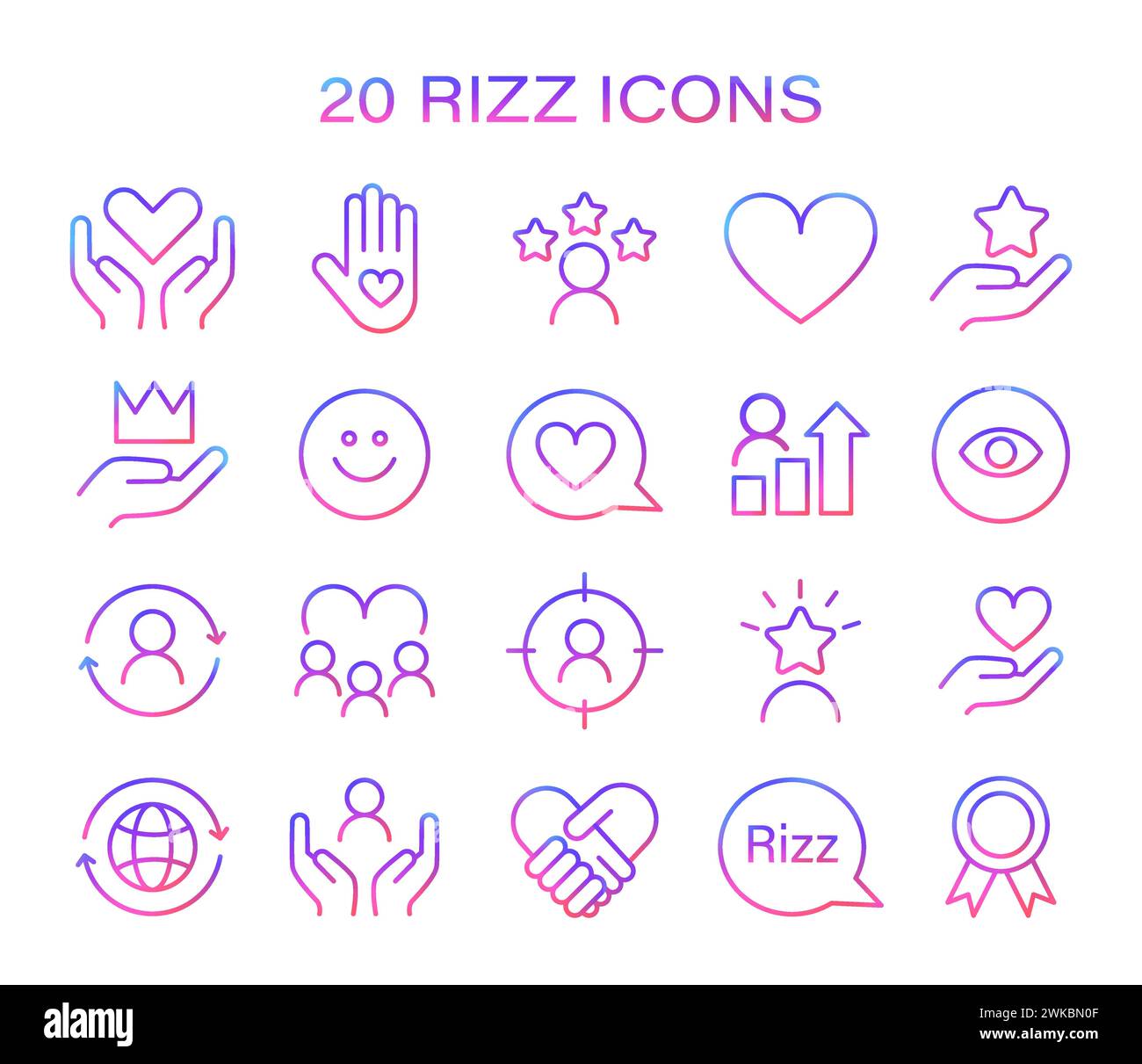 Set di icone Rizz. Icone minimaliste che rappresentano vari aspetti dell'interazione sociale e della crescita personale. Simboli di cura, successo e visione. Illustrazione vettoriale. Illustrazione Vettoriale