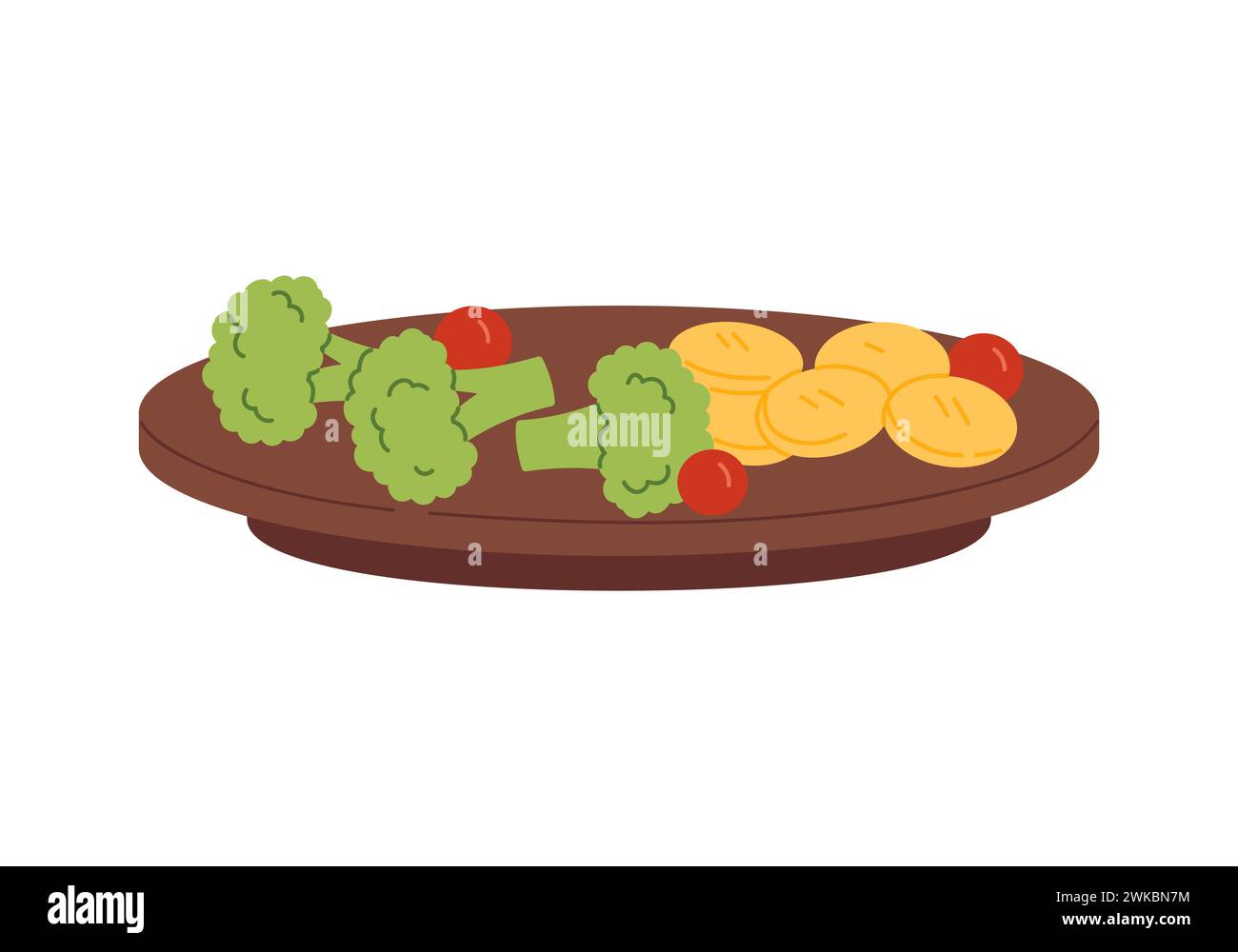 Cibo sano sul piatto, vista laterale di gnocchi, pomodoro e broccoli porzione vettoriale illustrazione Illustrazione Vettoriale