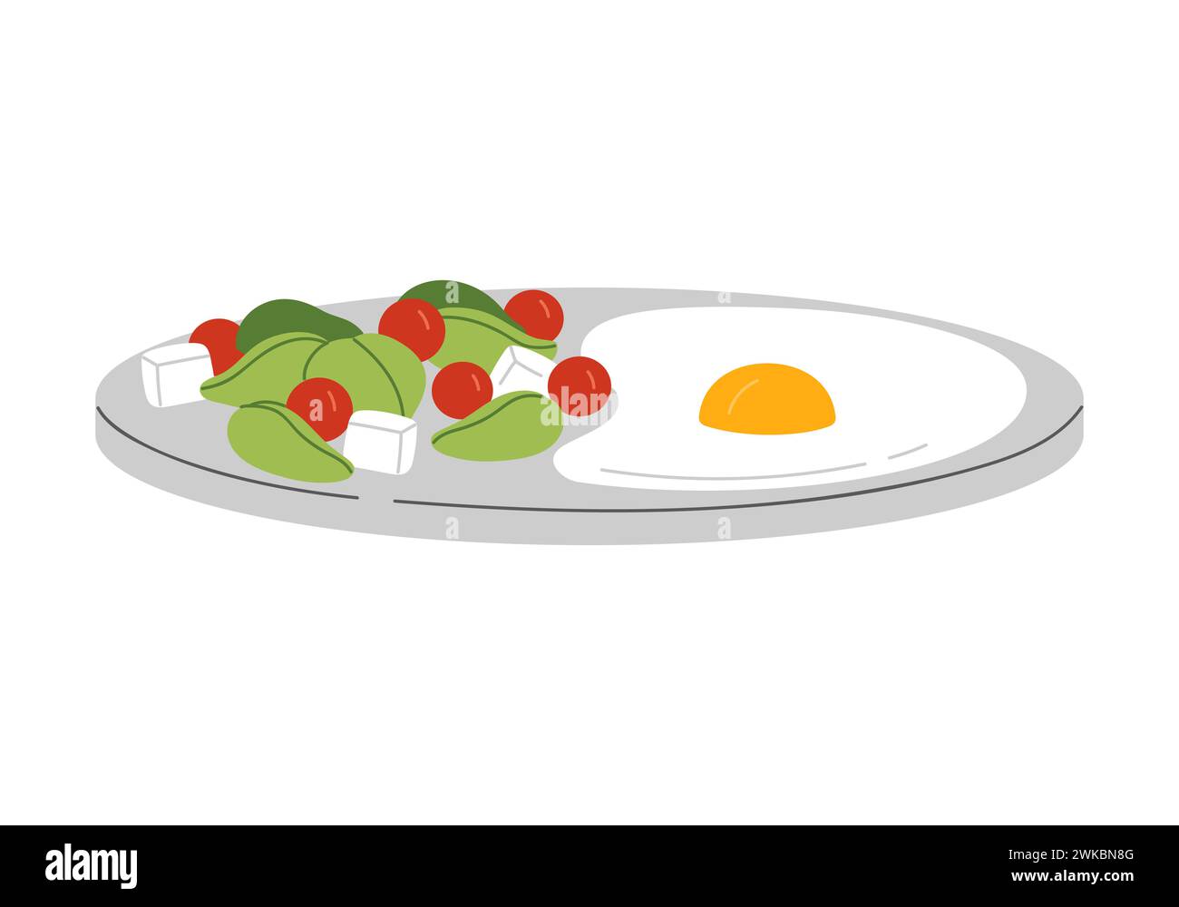 Cibo sano da colazione sul piatto, vista laterale dell'uovo fritto, formaggio feta, pomodori ciliegini e basilico, illustrazione vettoriale dell'insalata Illustrazione Vettoriale